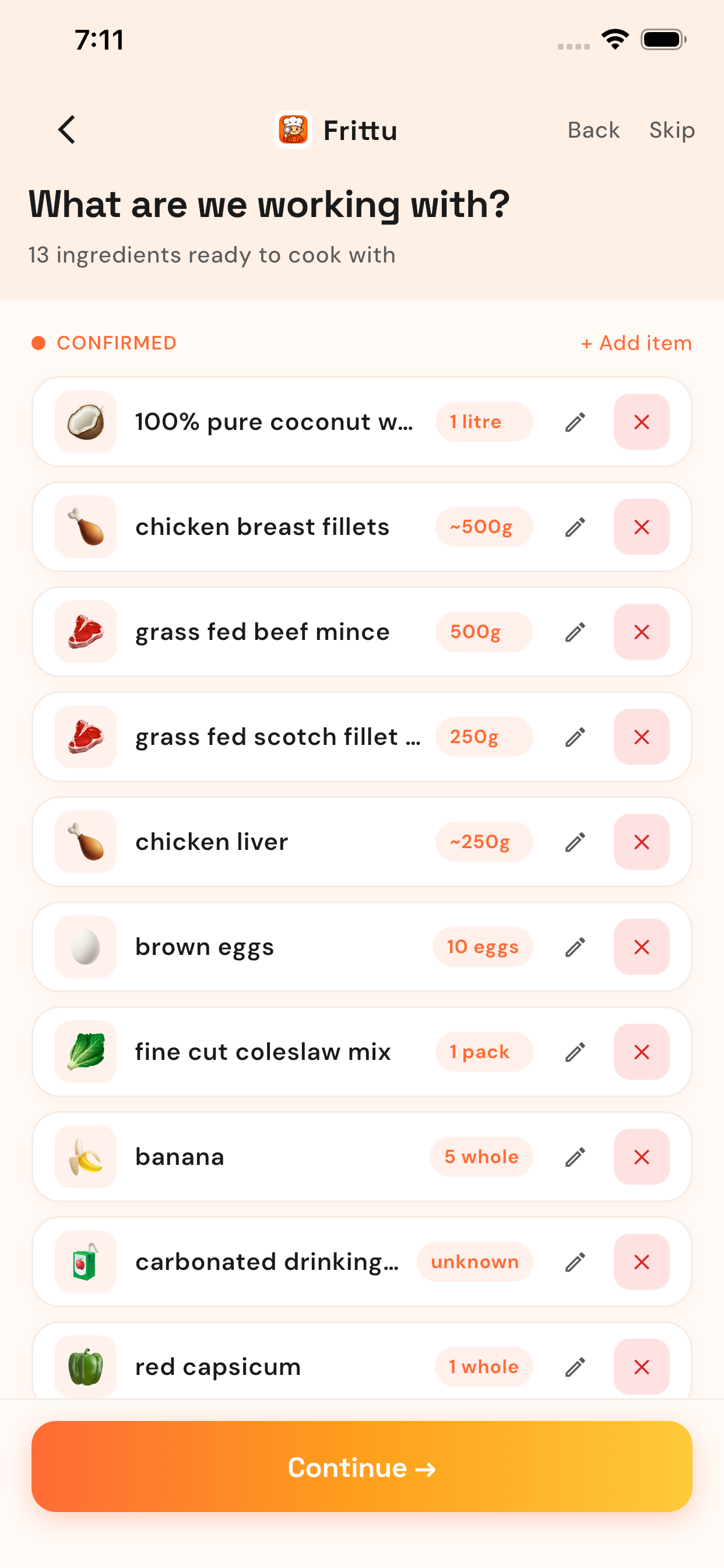 Confirm ingredients screen — edit and remove before generating recipes