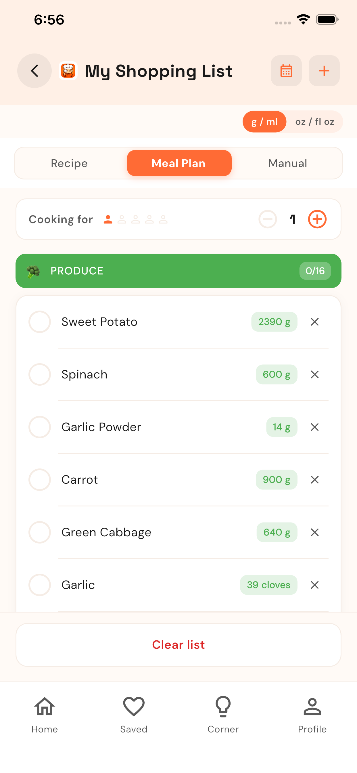 Frittu shopping list — auto-generated from your meal plan with aisle sorting