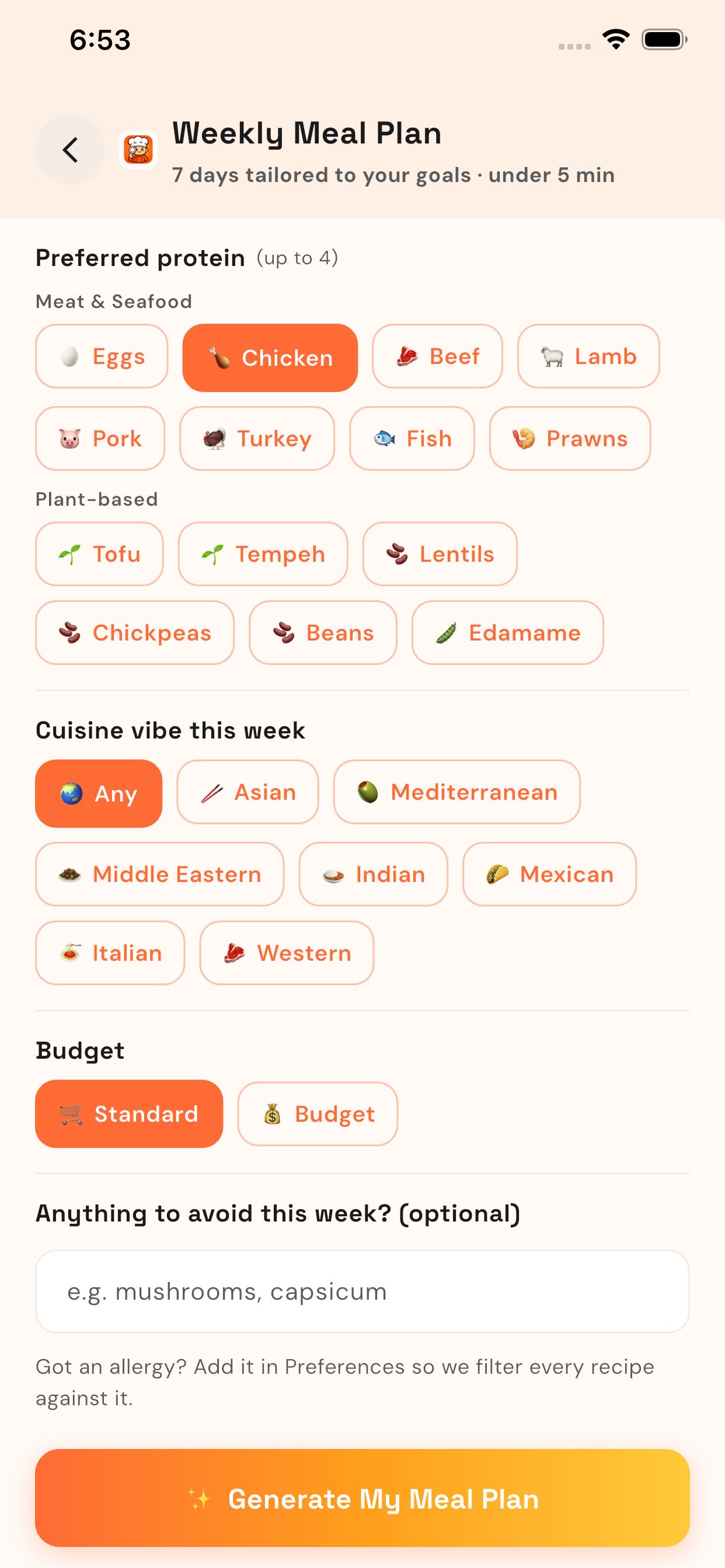Frittu weekly meal plan — 7 days of meals planned and ready to cook