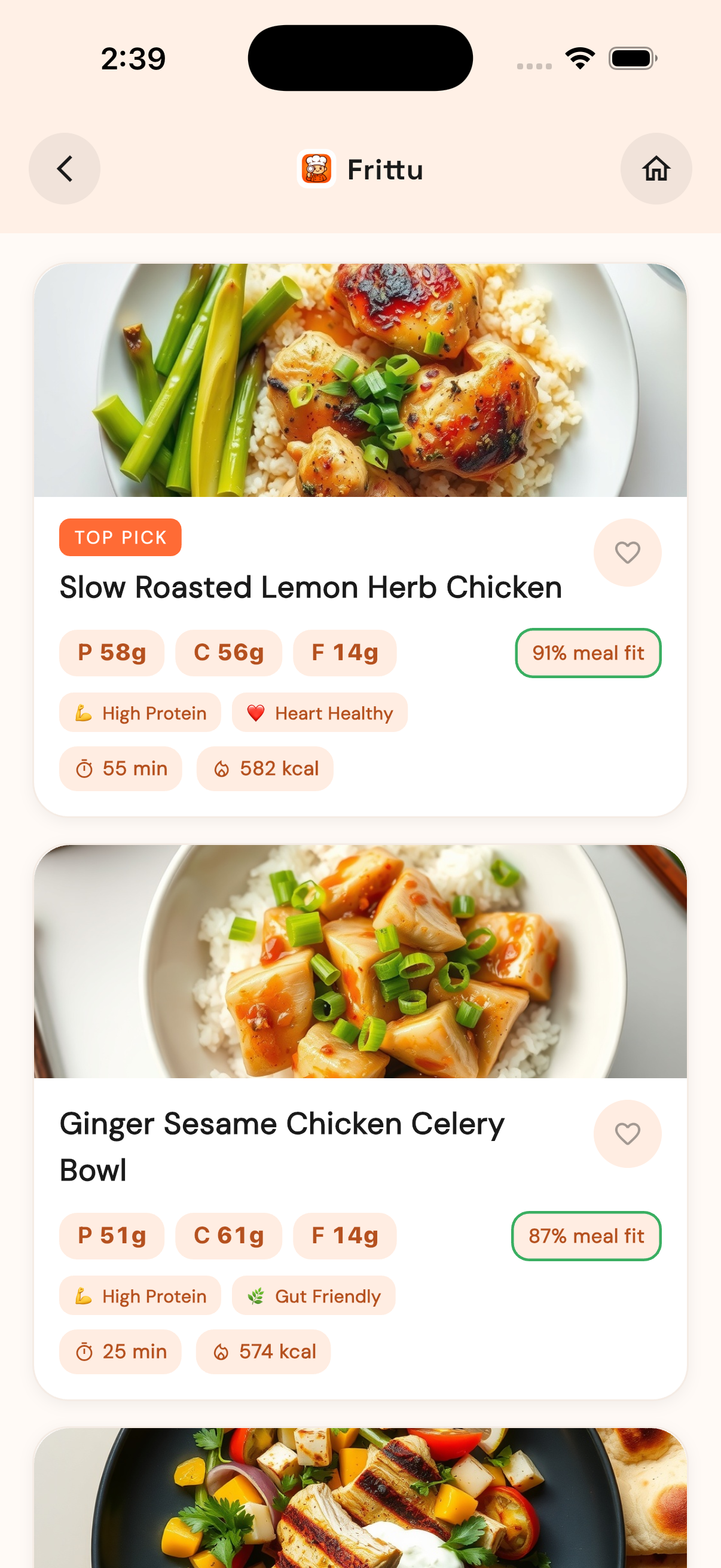 Frittu recipe results — six personalised recipes generated from one fridge photo