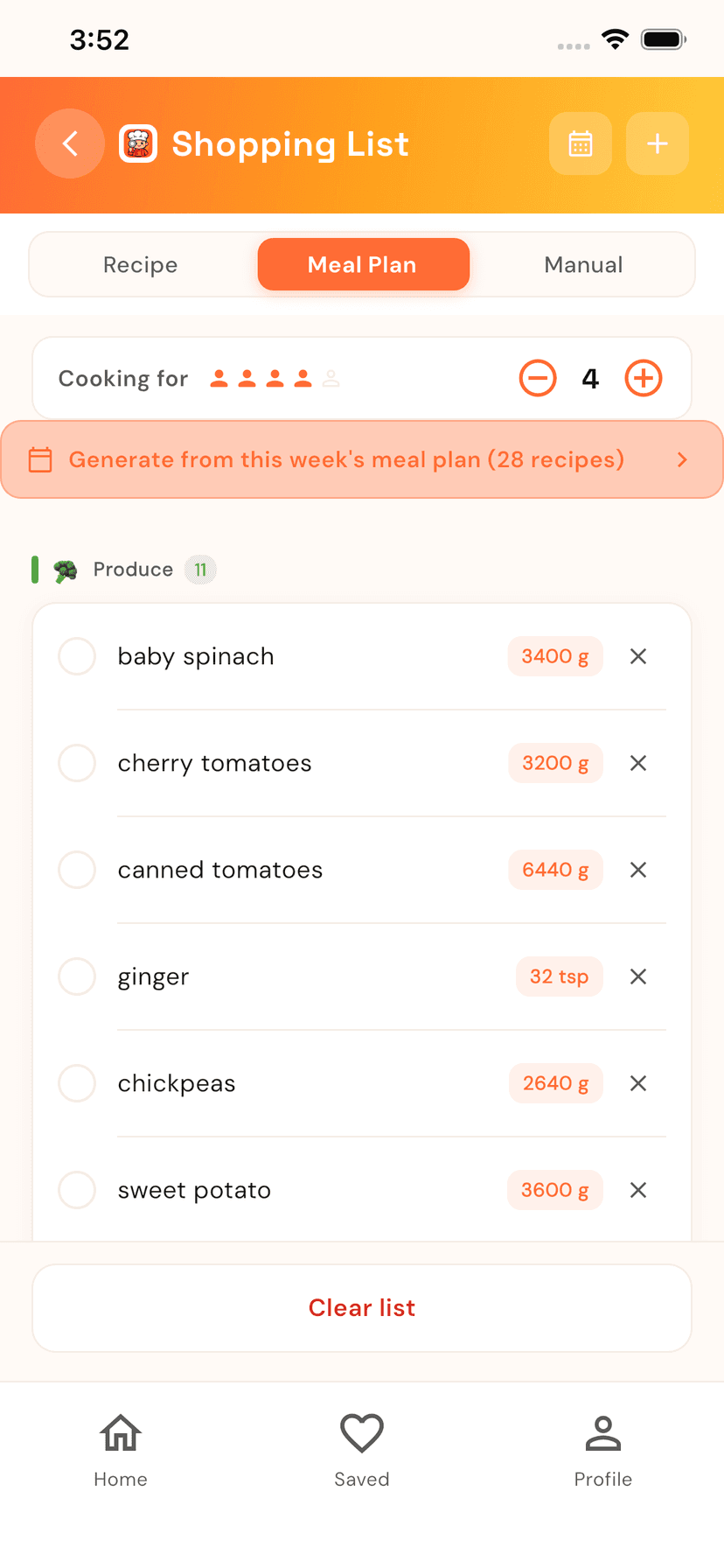 Shopping list screen